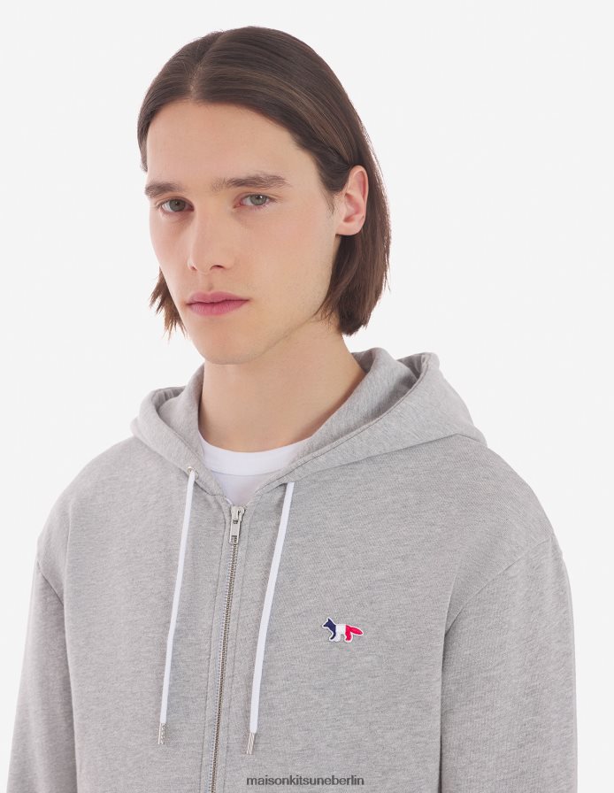 Kleidung V2DHL199 graue Melange Männer Kapuzenpullover mit dreifarbigem Fuchs-Patch und Reißverschluss Maison Kitsune