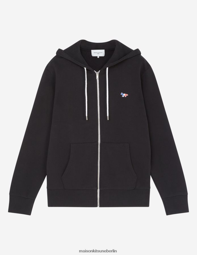 Kleidung V2DHL202 Schwarz Männer Kapuzenpullover mit dreifarbigem Fuchs-Patch und Reißverschluss Maison Kitsune