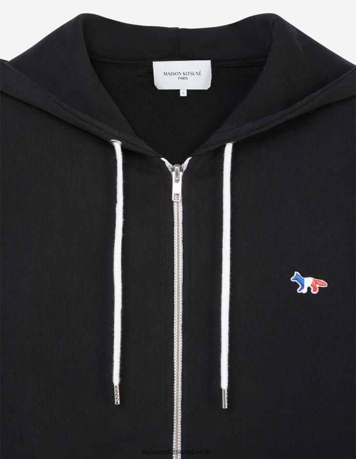 Kleidung V2DHL202 Schwarz Männer Kapuzenpullover mit dreifarbigem Fuchs-Patch und Reißverschluss Maison Kitsune