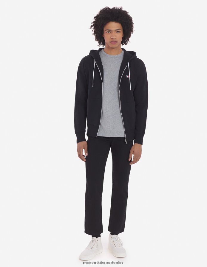 Kleidung V2DHL202 Schwarz Männer Kapuzenpullover mit dreifarbigem Fuchs-Patch und Reißverschluss Maison Kitsune