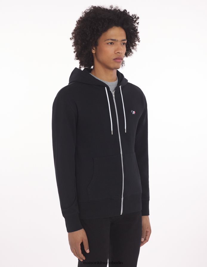 Kleidung V2DHL202 Schwarz Männer Kapuzenpullover mit dreifarbigem Fuchs-Patch und Reißverschluss Maison Kitsune