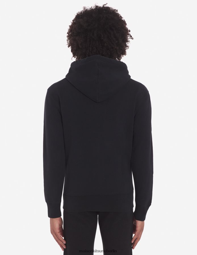 Kleidung V2DHL202 Schwarz Männer Kapuzenpullover mit dreifarbigem Fuchs-Patch und Reißverschluss Maison Kitsune