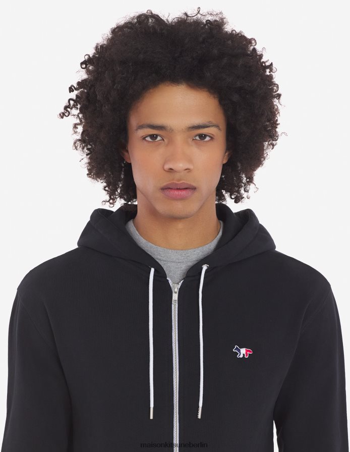 Kleidung V2DHL202 Schwarz Männer Kapuzenpullover mit dreifarbigem Fuchs-Patch und Reißverschluss Maison Kitsune