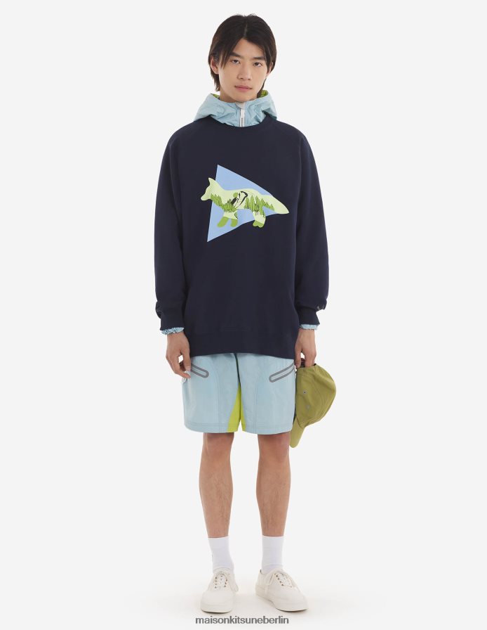 Kleidung V2DHL213 Marine Männer MK x and Wander Dry Baumwoll-Sweatshirt Maison Kitsune