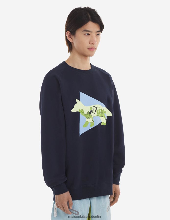 Kleidung V2DHL213 Marine Männer MK x and Wander Dry Baumwoll-Sweatshirt Maison Kitsune