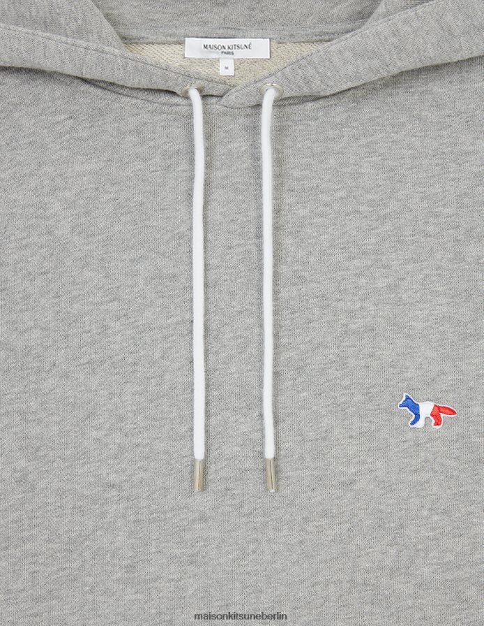 Kleidung V2DHL218 graue Melange Männer Klassischer Kapuzenpullover mit dreifarbigem Fuchs-Patch Maison Kitsune