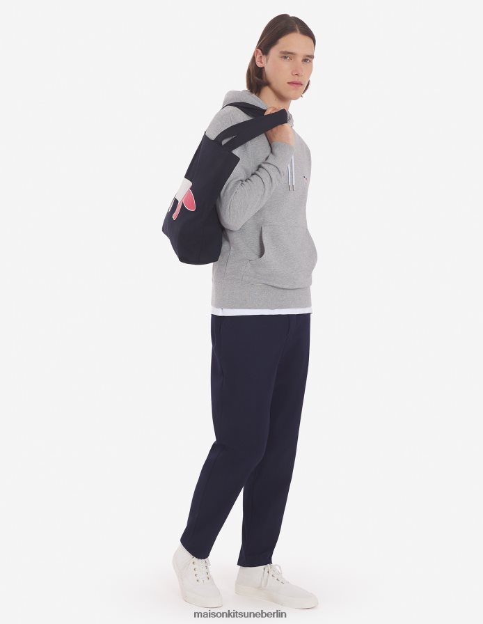 Kleidung V2DHL218 graue Melange Männer Klassischer Kapuzenpullover mit dreifarbigem Fuchs-Patch Maison Kitsune