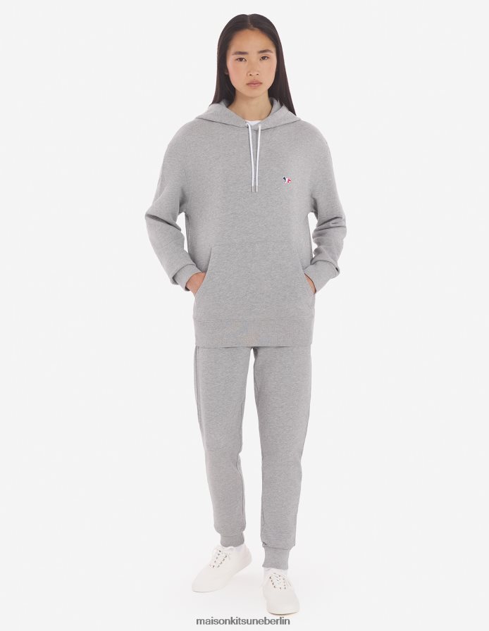 Kleidung V2DHL218 graue Melange Männer Klassischer Kapuzenpullover mit dreifarbigem Fuchs-Patch Maison Kitsune