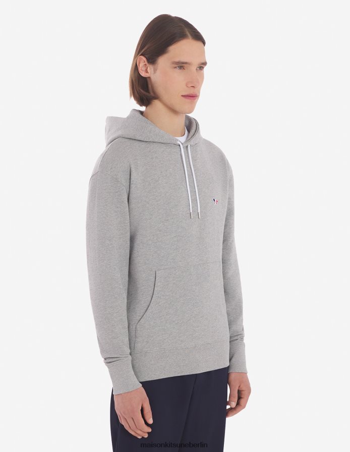 Kleidung V2DHL218 graue Melange Männer Klassischer Kapuzenpullover mit dreifarbigem Fuchs-Patch Maison Kitsune