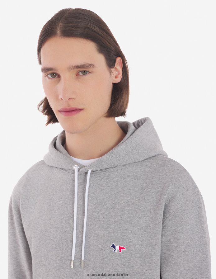 Kleidung V2DHL218 graue Melange Männer Klassischer Kapuzenpullover mit dreifarbigem Fuchs-Patch Maison Kitsune