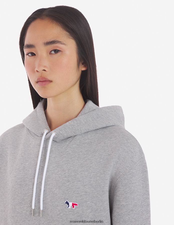 Kleidung V2DHL218 graue Melange Männer Klassischer Kapuzenpullover mit dreifarbigem Fuchs-Patch Maison Kitsune