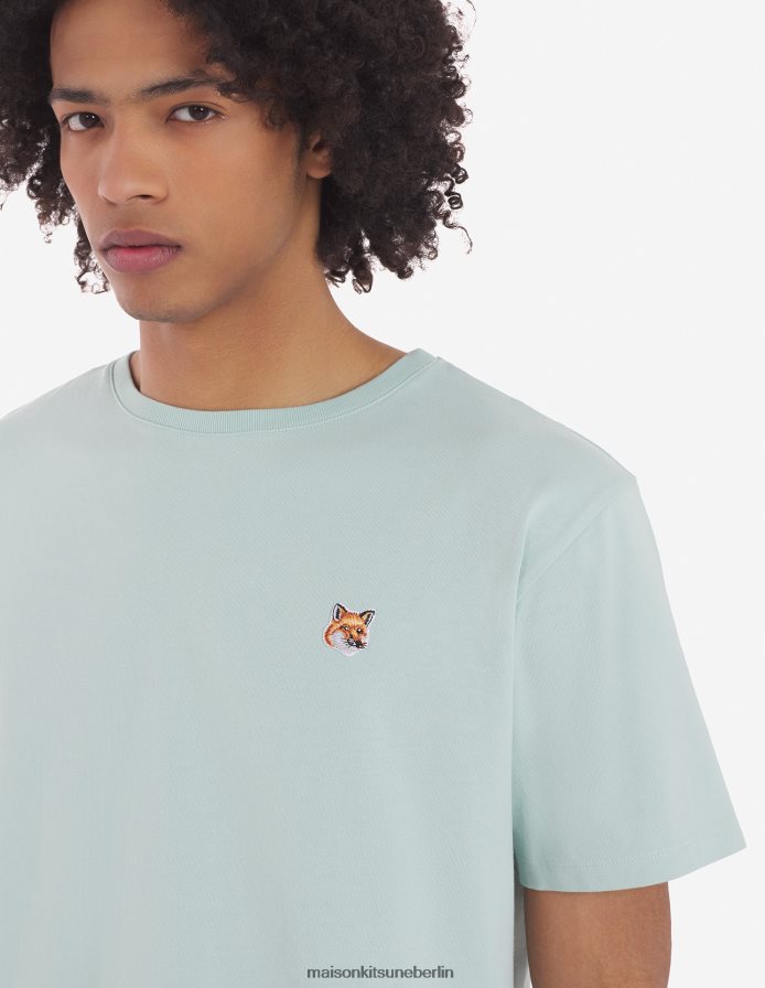 Kleidung V2DHL19 blauer Dunst Männer Lässiges T-Shirt mit Fuchskopf-Patch Maison Kitsune
