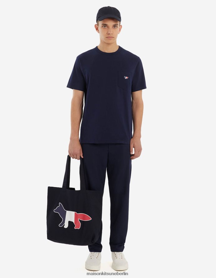 Kleidung V2DHL29 Marine Männer T-Shirt mit dreifarbigem Fuchs-Patch und klassischer Tasche Maison Kitsune