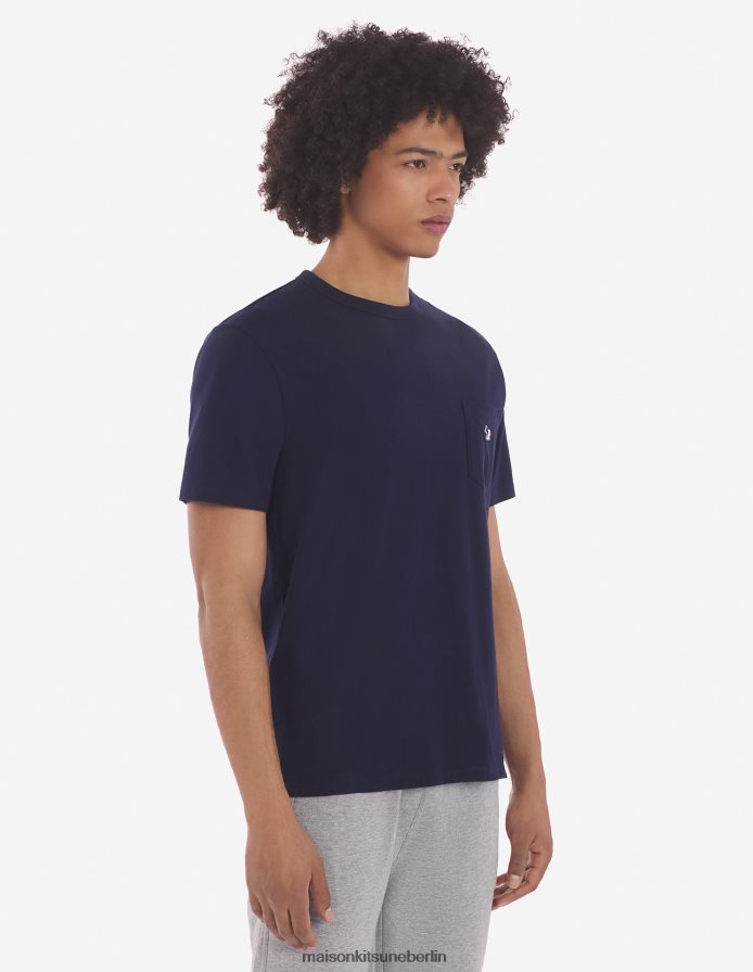 Kleidung V2DHL29 Marine Männer T-Shirt mit dreifarbigem Fuchs-Patch und klassischer Tasche Maison Kitsune