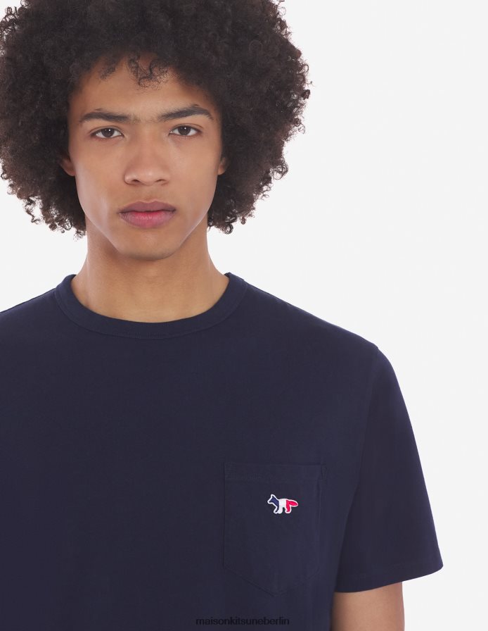 Kleidung V2DHL29 Marine Männer T-Shirt mit dreifarbigem Fuchs-Patch und klassischer Tasche Maison Kitsune