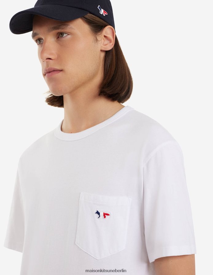 Kleidung V2DHL30 Weiß Männer T-Shirt mit dreifarbigem Fuchs-Patch und klassischer Tasche Maison Kitsune