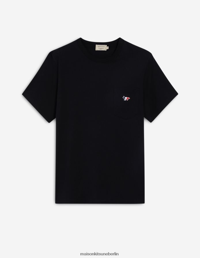 Kleidung V2DHL31 Schwarz Männer T-Shirt mit dreifarbigem Fuchs-Patch und klassischer Tasche Maison Kitsune