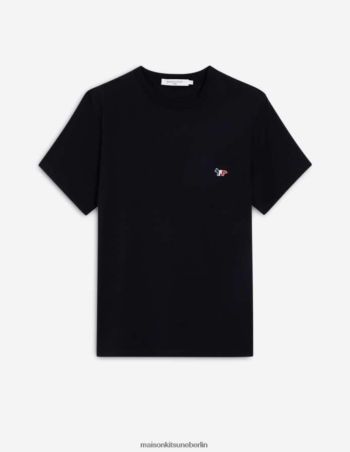 Kleidung V2DHL31 Schwarz Männer T-Shirt mit dreifarbigem Fuchs-Patch und klassischer Tasche Maison Kitsune