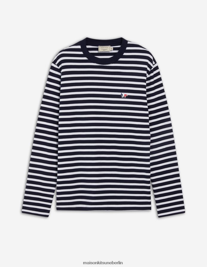Kleidung V2DHL32 marineblaue Streifen Männer Tricolor-Fuchs-Patch-T-Shirt in klassischem Marineblau Maison Kitsune