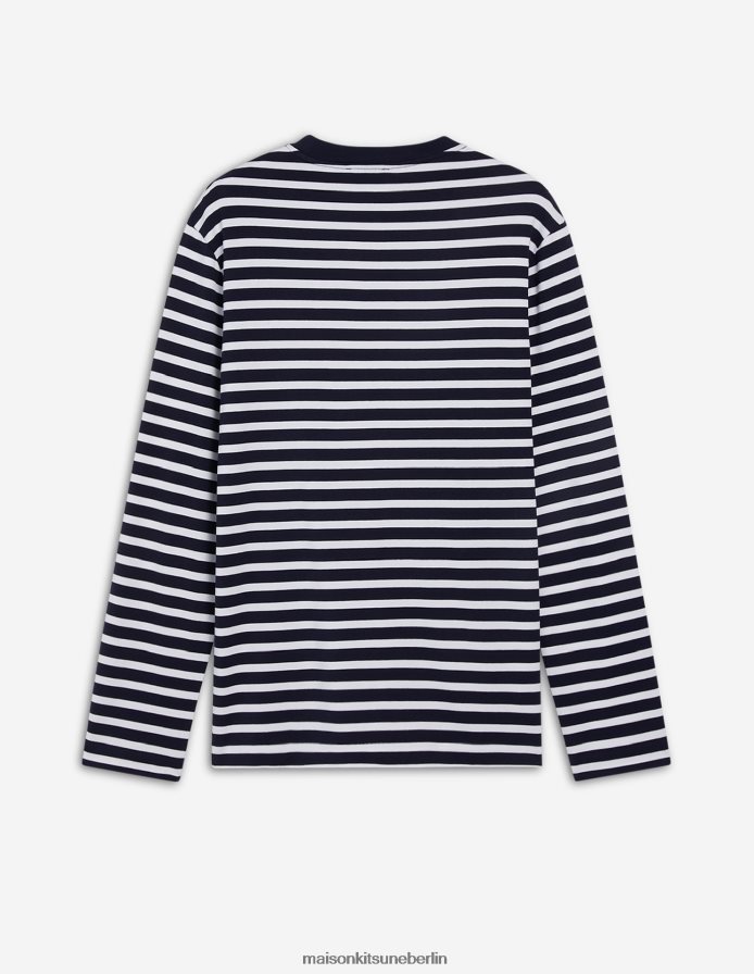 Kleidung V2DHL32 marineblaue Streifen Männer Tricolor-Fuchs-Patch-T-Shirt in klassischem Marineblau Maison Kitsune