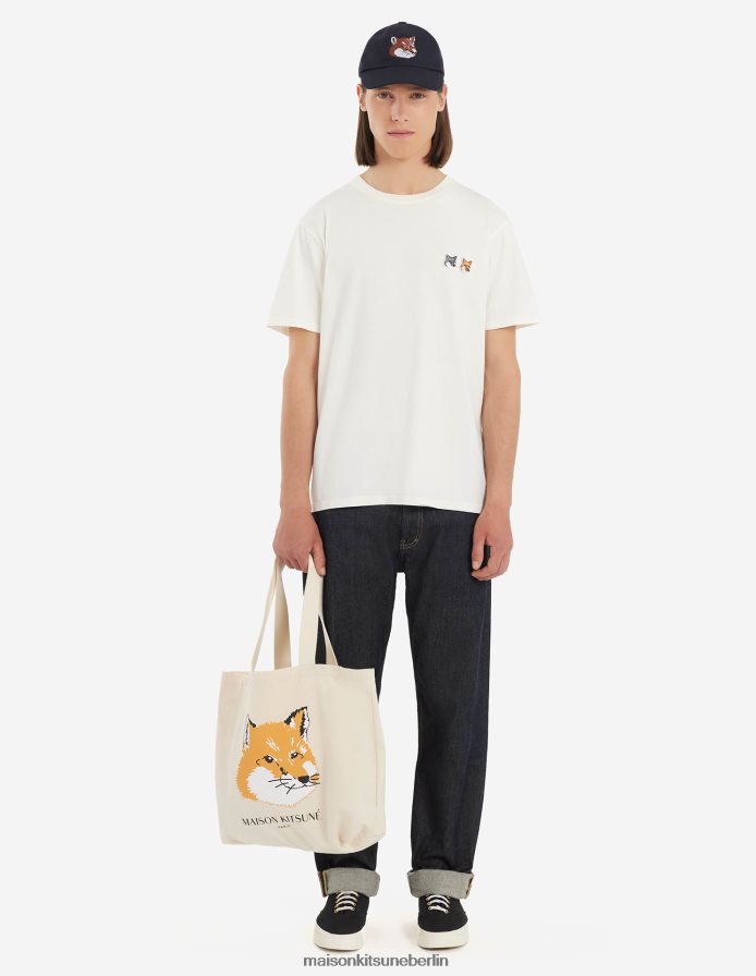 Kleidung V2DHL38 Latté Männer Klassisches T-Shirt mit Doppelfuchskopf-Patch Maison Kitsune