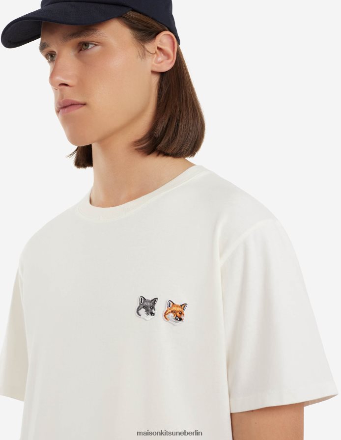 Kleidung V2DHL38 Latté Männer Klassisches T-Shirt mit Doppelfuchskopf-Patch Maison Kitsune