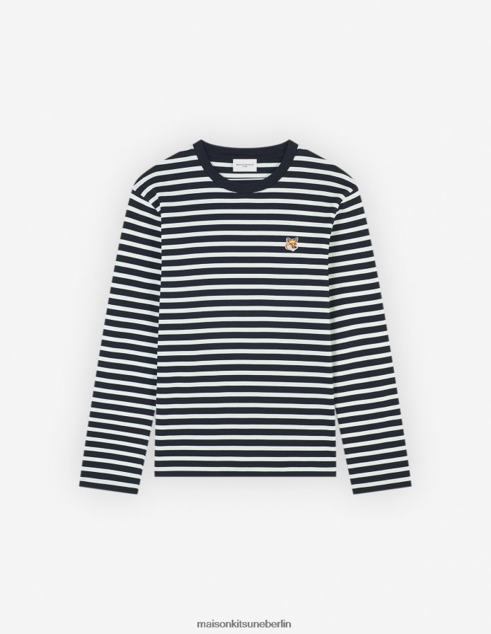 Kleidung V2DHL39 marineblaue Streifen Männer Reguläres Marine-T-Shirt mit Fuchskopf-Patch Maison Kitsune