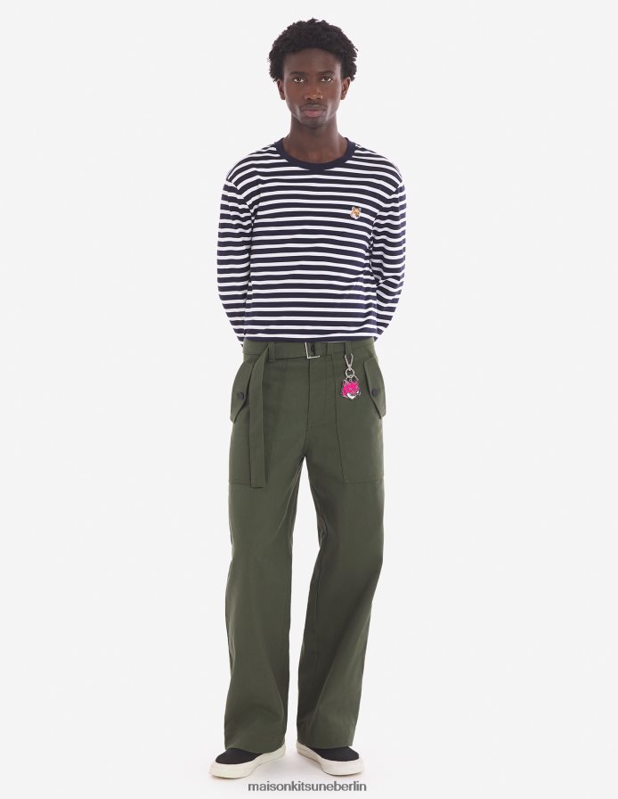 Kleidung V2DHL39 marineblaue Streifen Männer Reguläres Marine-T-Shirt mit Fuchskopf-Patch Maison Kitsune