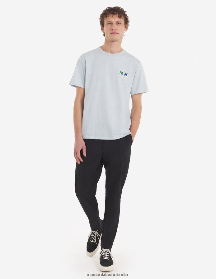 Kleidung V2DHL48 Blaue Dunst-Melange Männer Klassisches T-Shirt mit doppeltem monochromen Fuchskopf-Patch Maison Kitsune