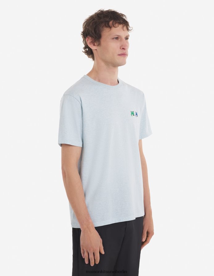 Kleidung V2DHL48 Blaue Dunst-Melange Männer Klassisches T-Shirt mit doppeltem monochromen Fuchskopf-Patch Maison Kitsune