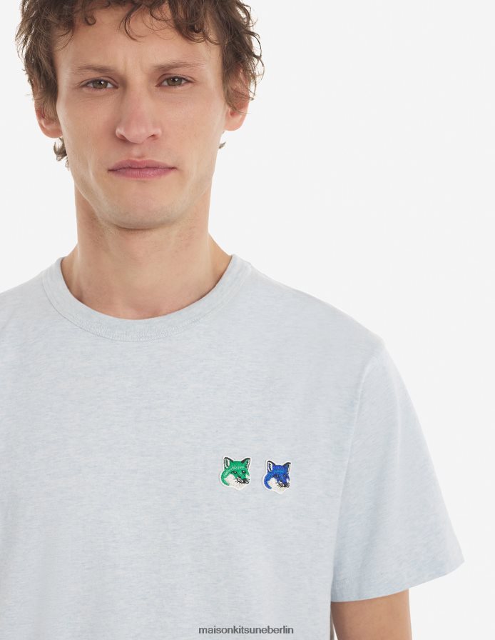Kleidung V2DHL48 Blaue Dunst-Melange Männer Klassisches T-Shirt mit doppeltem monochromen Fuchskopf-Patch Maison Kitsune