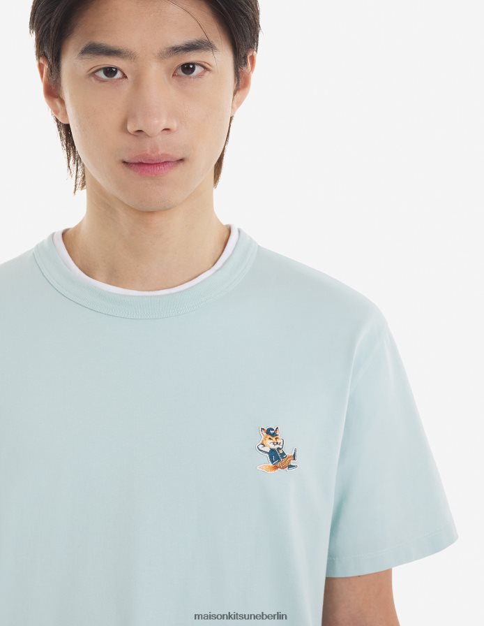 Kleidung V2DHL50 blauer Dunst Männer Klassisches T-Shirt mit gekleidetem Fuchs-Patch Maison Kitsune