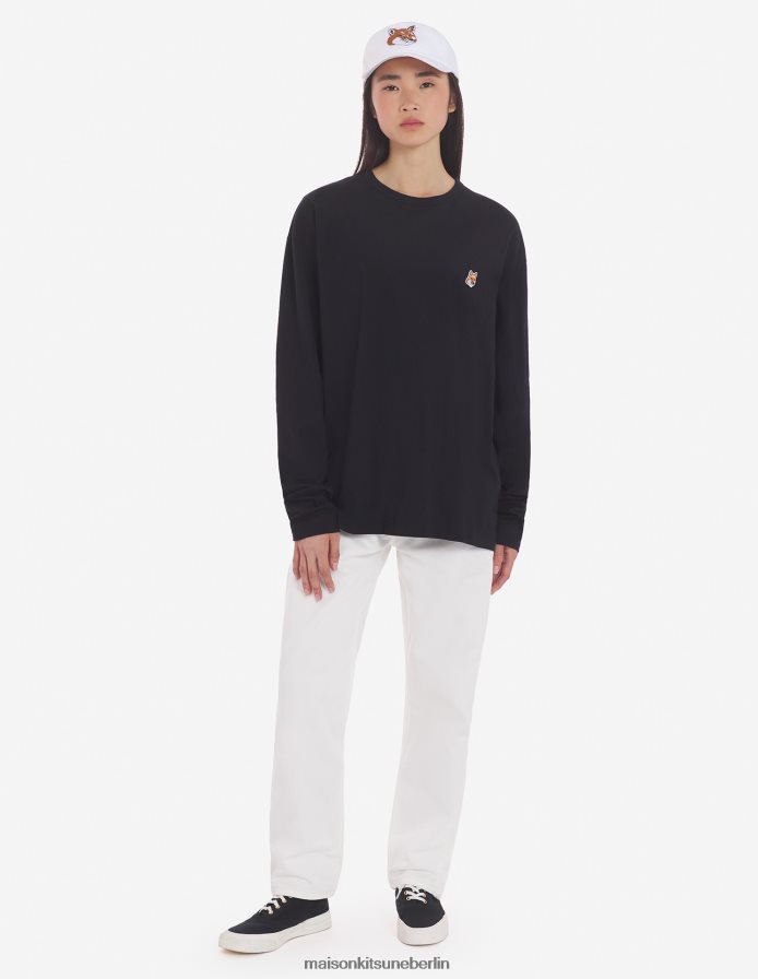 Kleidung V2DHL52 Schwarz Männer Reguläres langärmliges T-Shirt mit Fuchskopf-Patch Maison Kitsune
