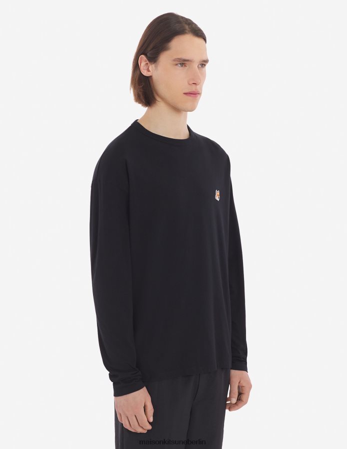 Kleidung V2DHL52 Schwarz Männer Reguläres langärmliges T-Shirt mit Fuchskopf-Patch Maison Kitsune