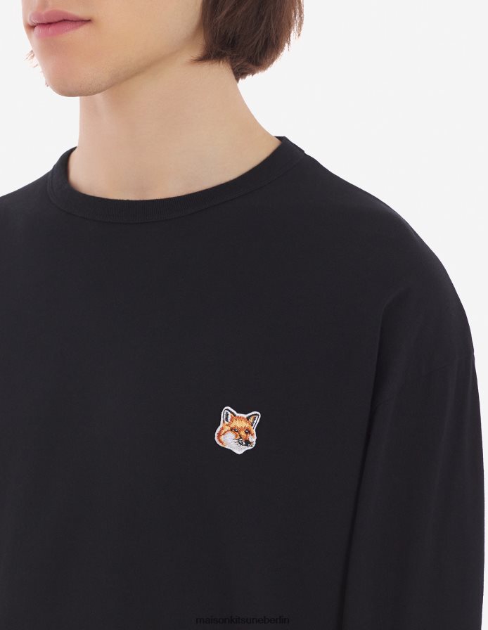 Kleidung V2DHL52 Schwarz Männer Reguläres langärmliges T-Shirt mit Fuchskopf-Patch Maison Kitsune