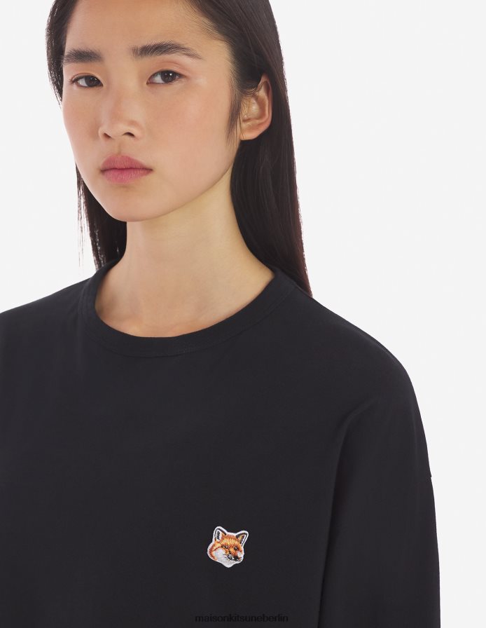 Kleidung V2DHL52 Schwarz Männer Reguläres langärmliges T-Shirt mit Fuchskopf-Patch Maison Kitsune