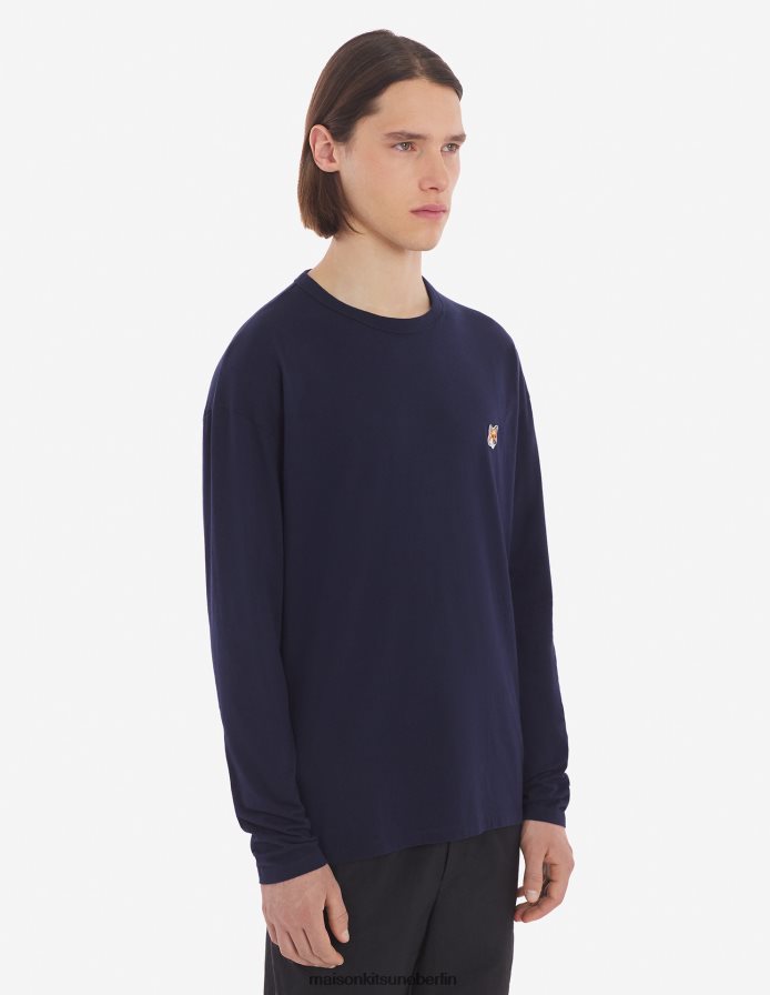 Kleidung V2DHL64 Marine Männer Reguläres langärmliges T-Shirt mit Fuchskopf-Patch Maison Kitsune