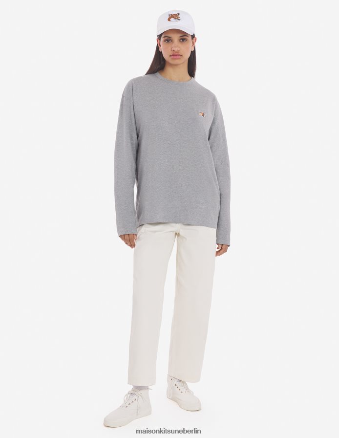 Kleidung V2DHL65 graue Melange Männer Reguläres langärmliges T-Shirt mit Fuchskopf-Patch Maison Kitsune