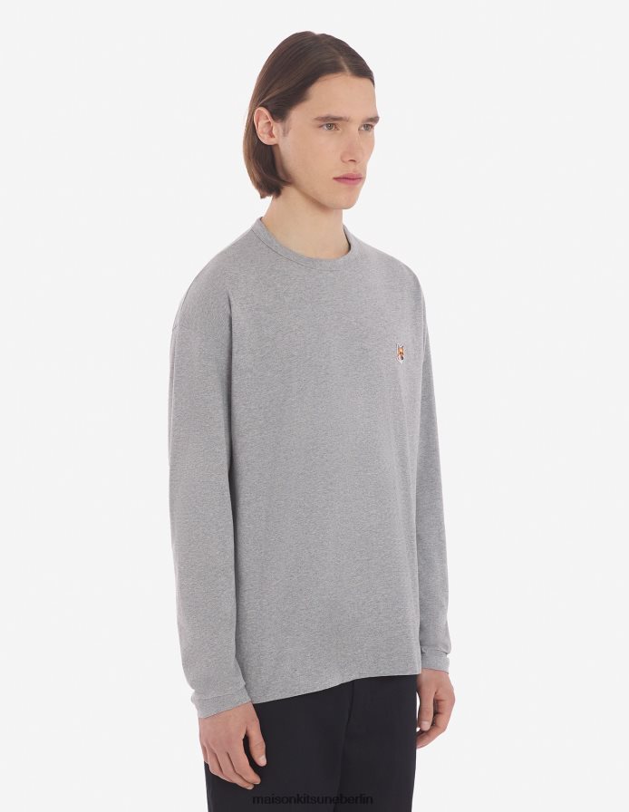 Kleidung V2DHL65 graue Melange Männer Reguläres langärmliges T-Shirt mit Fuchskopf-Patch Maison Kitsune