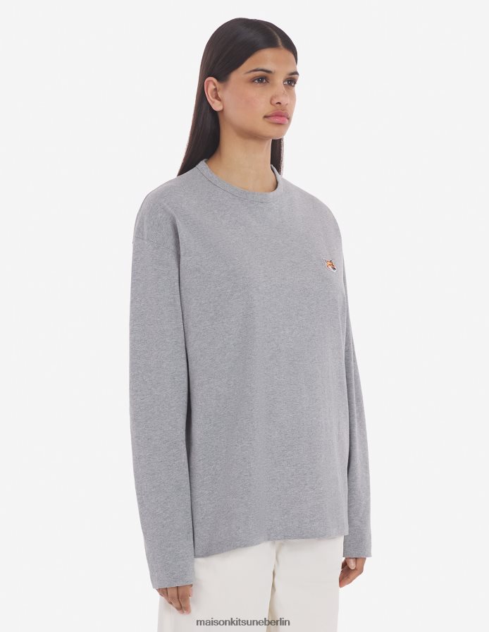 Kleidung V2DHL65 graue Melange Männer Reguläres langärmliges T-Shirt mit Fuchskopf-Patch Maison Kitsune