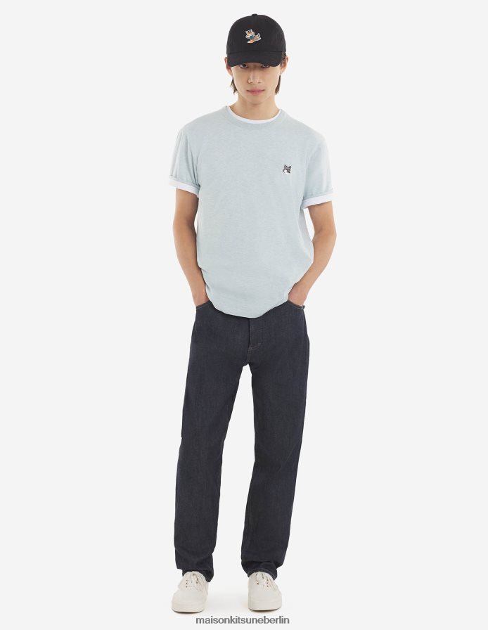 Kleidung V2DHL67 Blaue Dunst-Melange Männer Klassisches T-Shirt mit grauem Fuchskopf-Patch Maison Kitsune