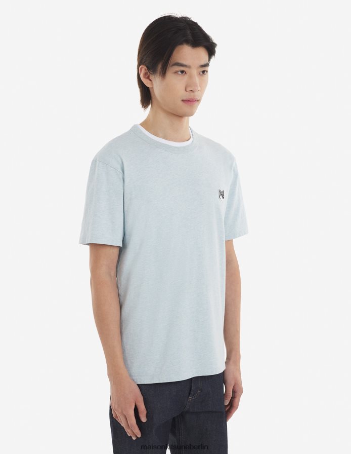 Kleidung V2DHL67 Blaue Dunst-Melange Männer Klassisches T-Shirt mit grauem Fuchskopf-Patch Maison Kitsune