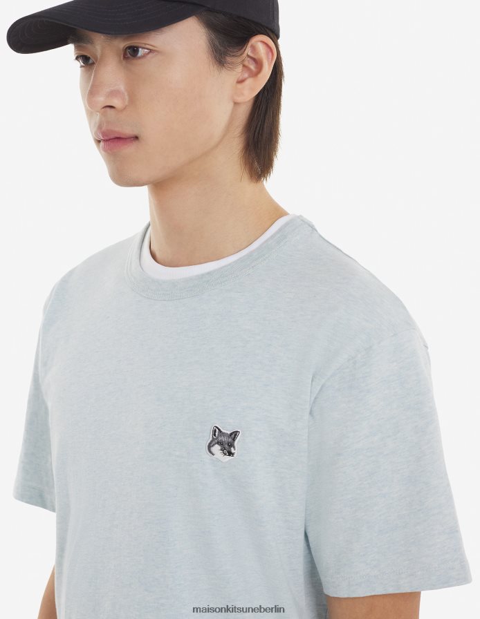 Kleidung V2DHL67 Blaue Dunst-Melange Männer Klassisches T-Shirt mit grauem Fuchskopf-Patch Maison Kitsune