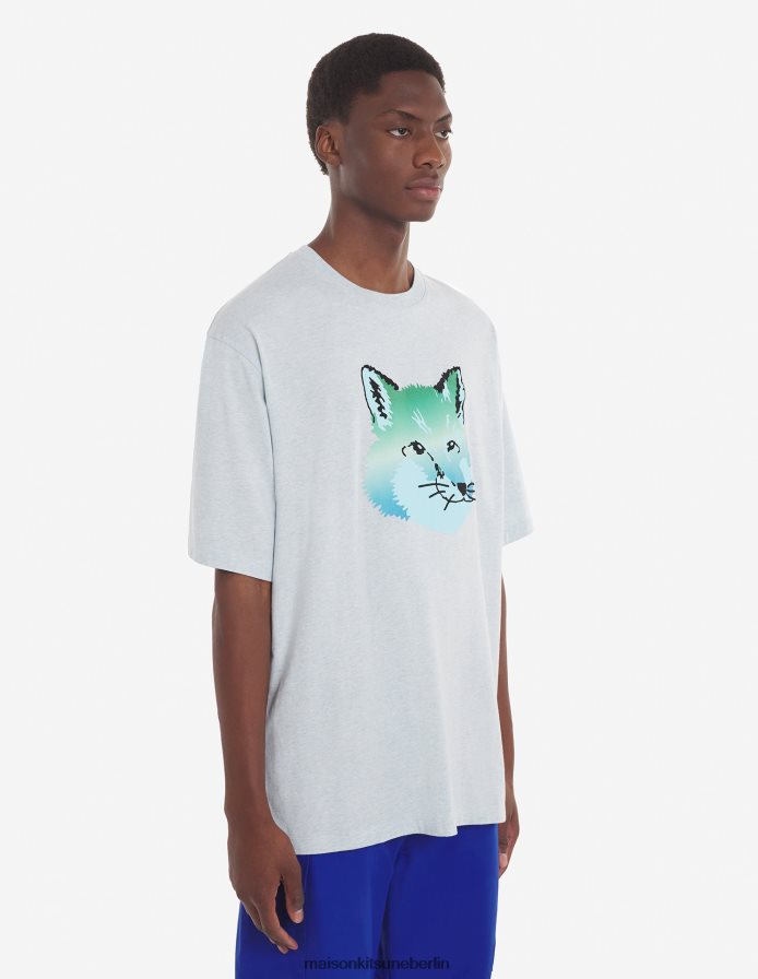 Kleidung V2DHL70 Blaue Dunst-Melange Männer Lebhaftes, einfaches T-Shirt mit Fuchskopf Maison Kitsune