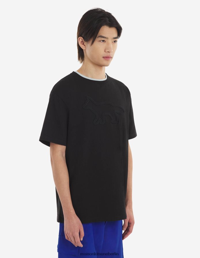 Kleidung V2DHL80 Schwarz Männer Lässiges T-Shirt mit Konturfuchs-Patch Maison Kitsune
