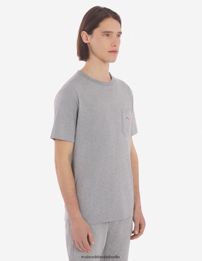 Kleidung V2DHL87 graue Melange Männer T-Shirt mit dreifarbigem Fuchs-Patch und klassischer Tasche Maison Kitsune