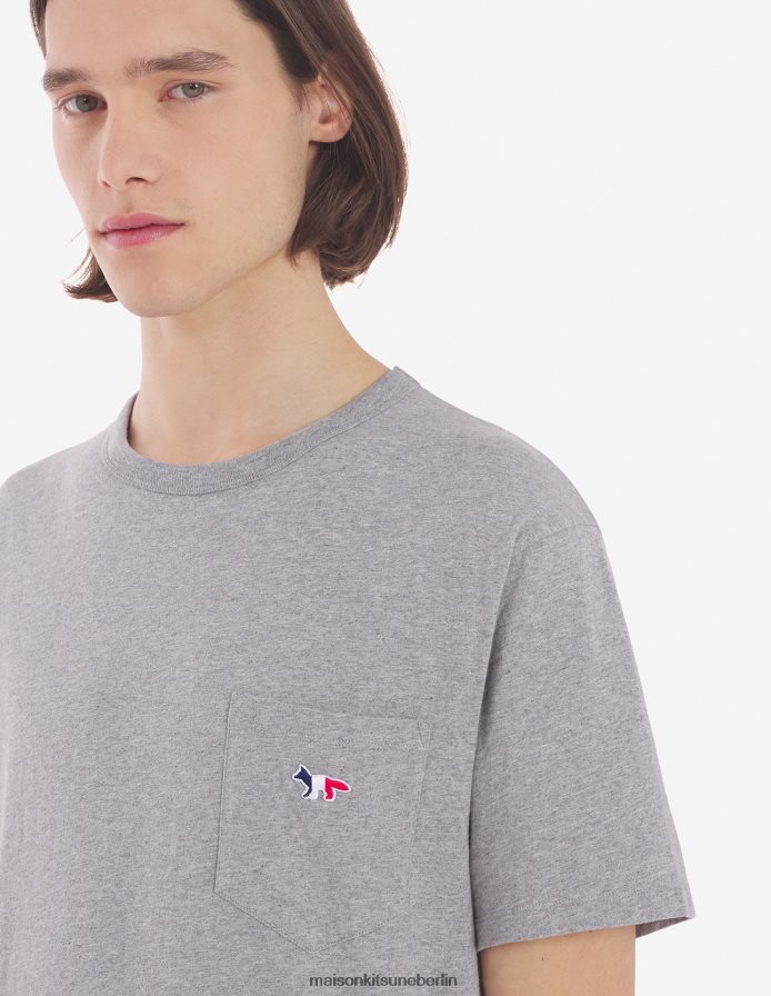 Kleidung V2DHL87 graue Melange Männer T-Shirt mit dreifarbigem Fuchs-Patch und klassischer Tasche Maison Kitsune