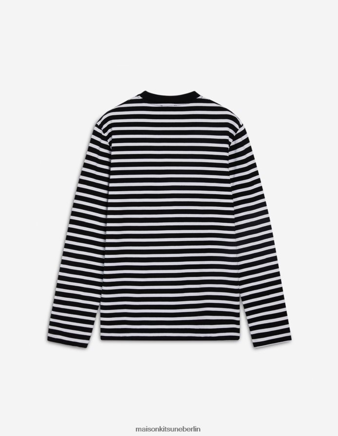 Kleidung V2DHL89 schwarze Streifen Männer Tricolor-Fuchs-Patch-T-Shirt in klassischem Marineblau Maison Kitsune