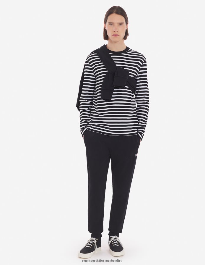 Kleidung V2DHL89 schwarze Streifen Männer Tricolor-Fuchs-Patch-T-Shirt in klassischem Marineblau Maison Kitsune