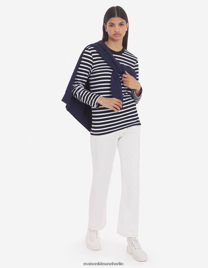 Kleidung V2DHL89 schwarze Streifen Männer Tricolor-Fuchs-Patch-T-Shirt in klassischem Marineblau Maison Kitsune